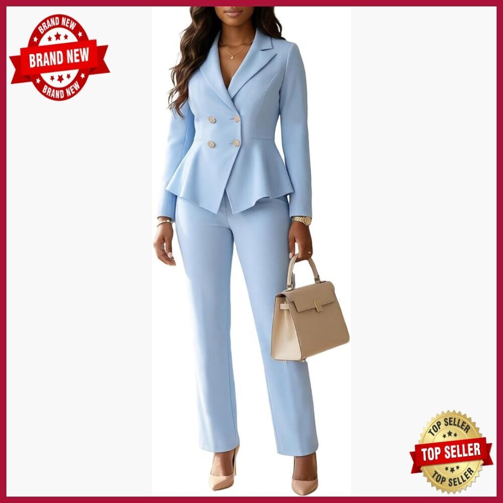 Double Breasted Blazer Pantsuit Set, Peplum Hem, Elastic Waist, Professional